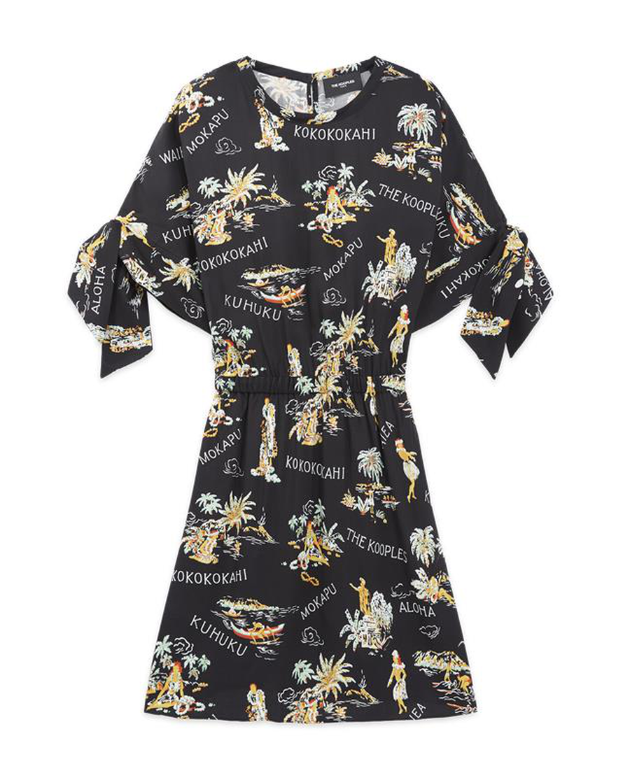 The Kooples DAMEN BLACK schwarzes kurzarm-kleid mit hawaii-motiv