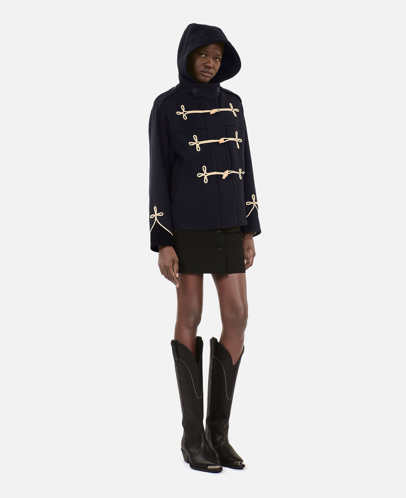 The Kooples FEMME NAVY caban court à capuche bleu marine