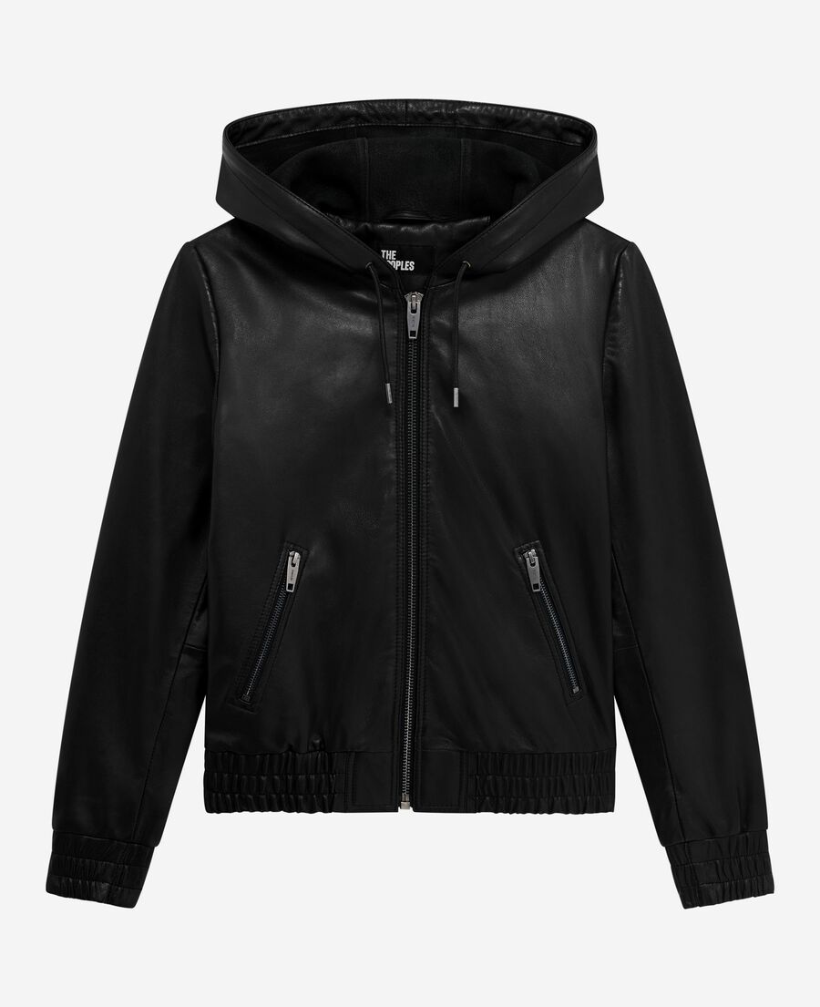 The Kooples WOMEN BLACK black leather hooded jacket
