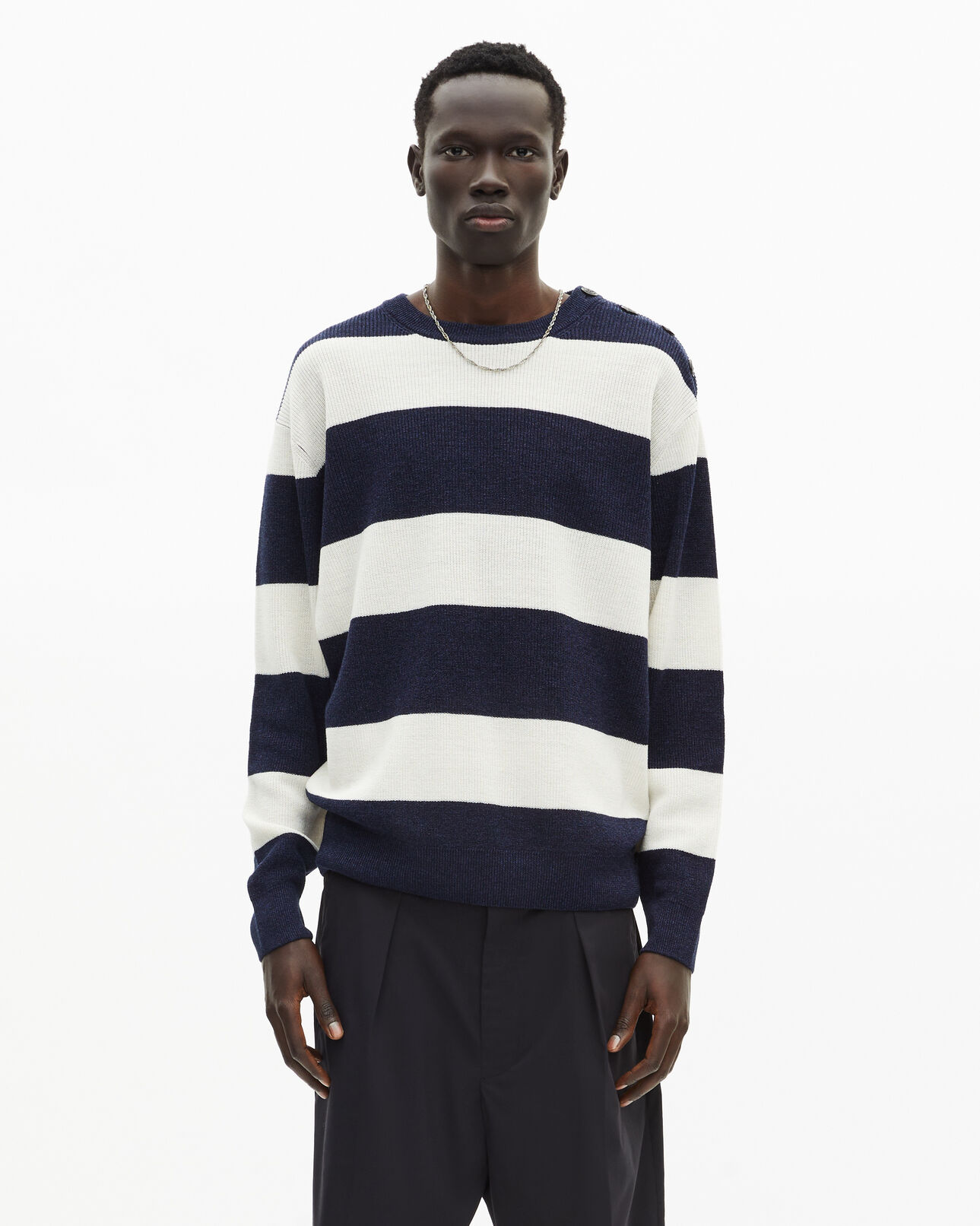 The Kooples MEN ECRU NAVY navy stripe wool and linen sweater