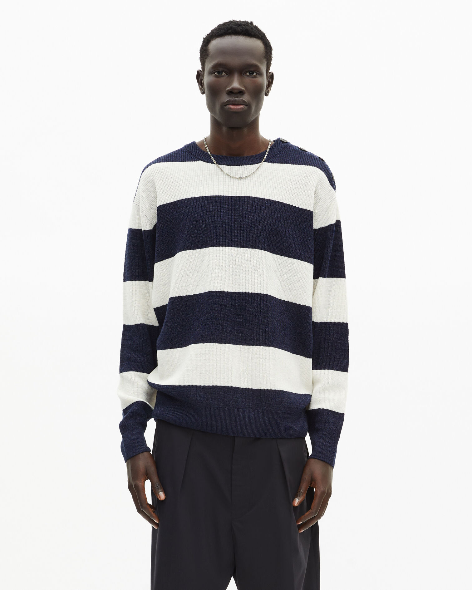 Navy stripe wool and linen sweater, ECRU NAVY, hi-res image number null