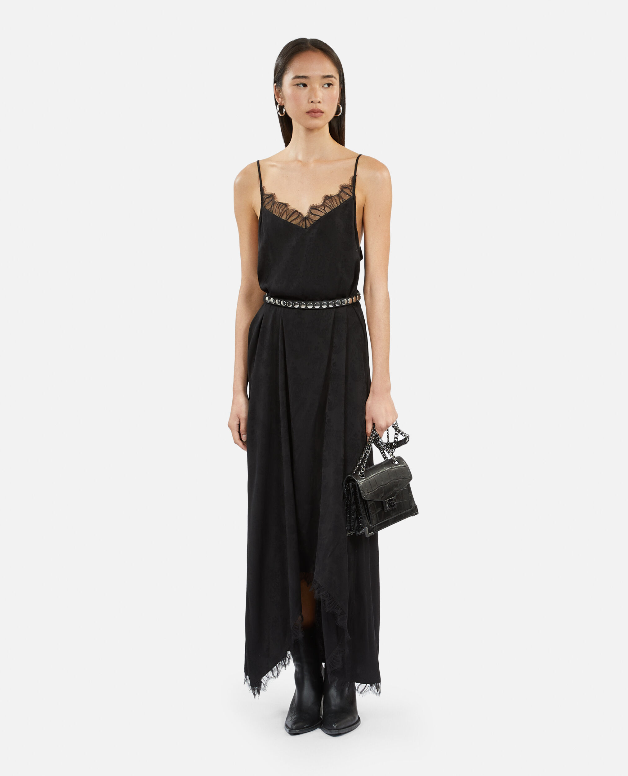 Long black floral jacquard slip dress, BLACK, hi-res image number null