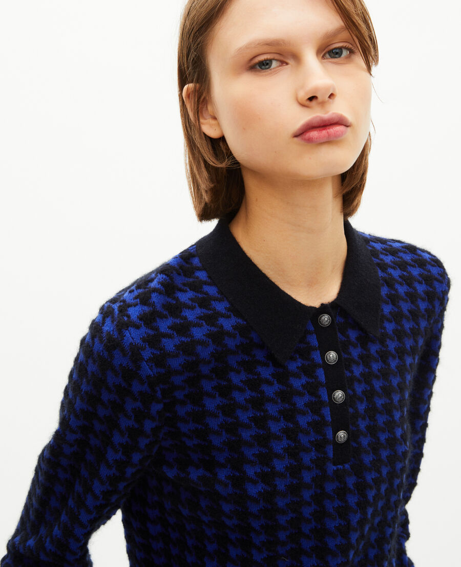 The Kooples FEMME BLACK NAVY pull col polo en pied de poule en laine m&eacute;lang&eacute;e bleu