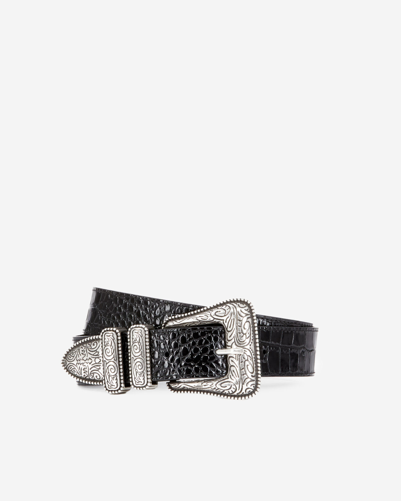 The Kooples WOMEN BLACK black crocodile effect leather belt with western buckle