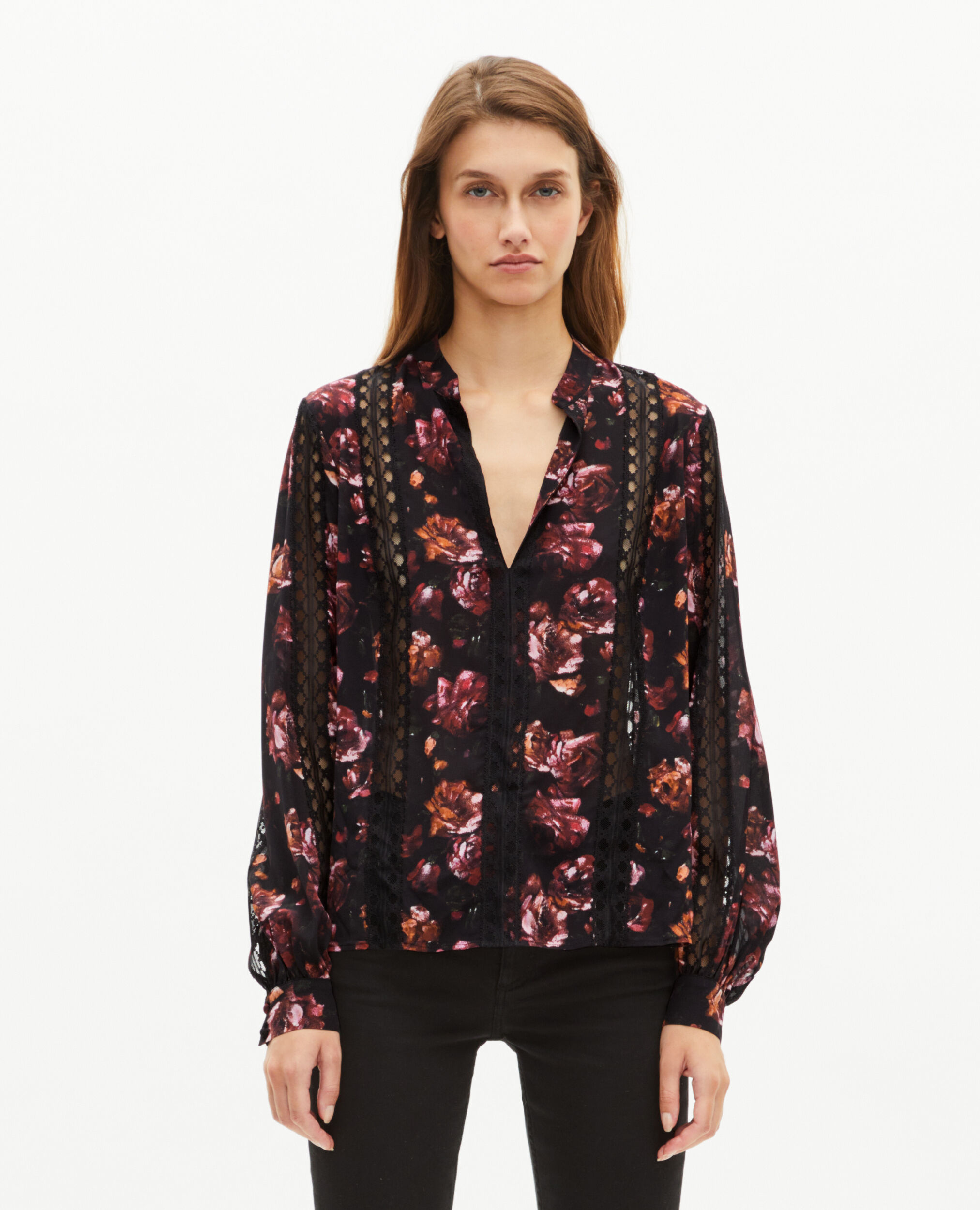 Blouse imprimé fleuris en soie mélangée bordeaux, BLACK - RED, hi-res image number null