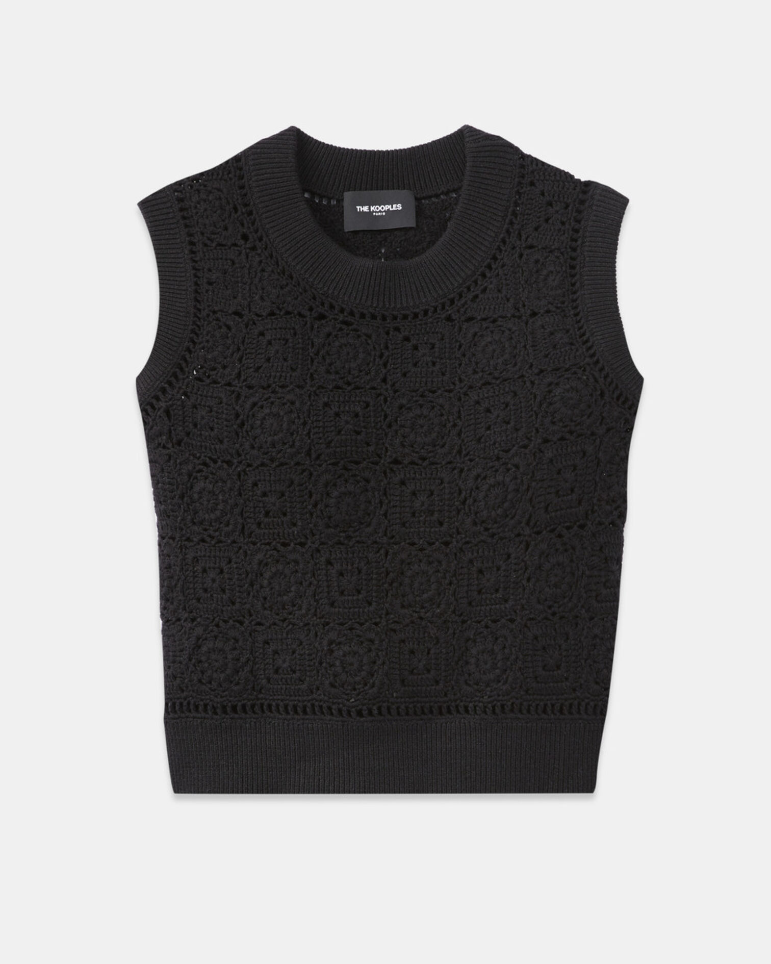 Sleeveless black cotton crochet sweater, BLACK, hi-res image number null