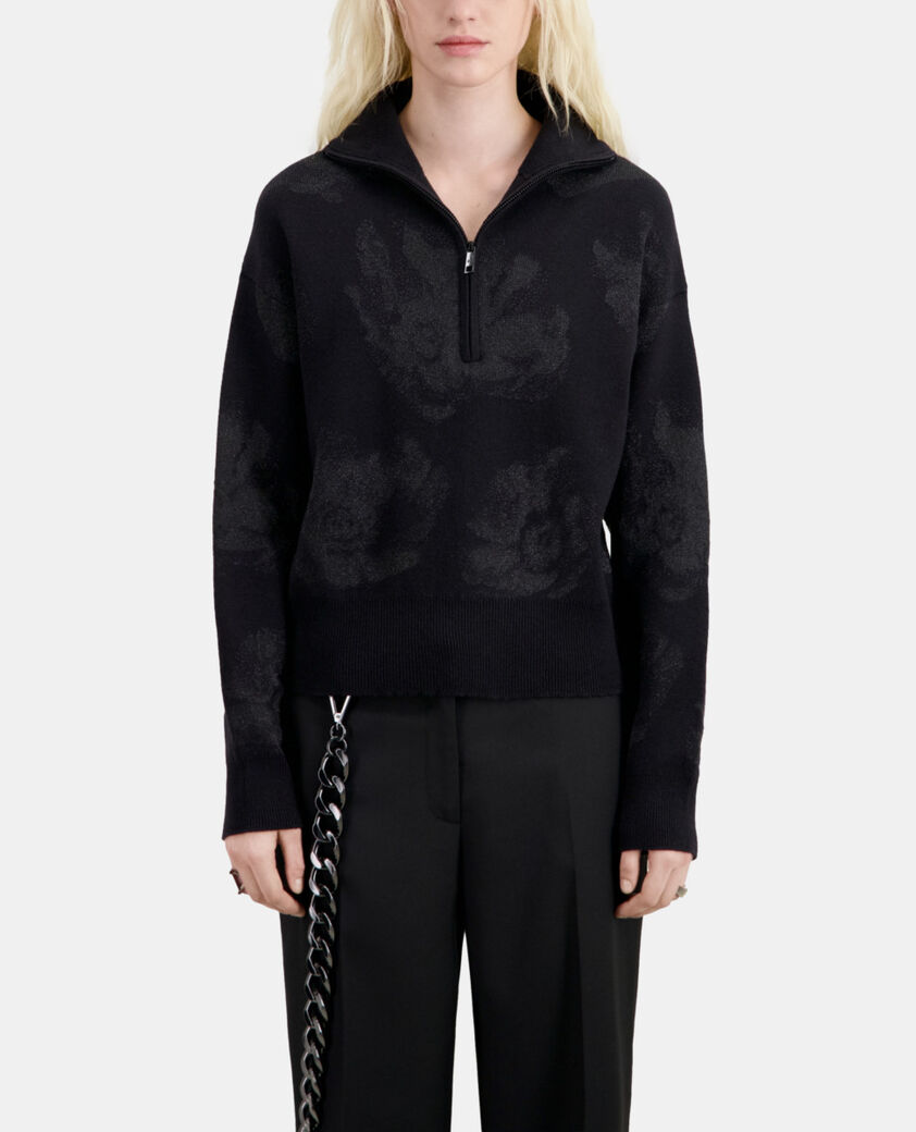 The Kooples FEMME BLACK/BLACK pull noir en laine mélangée avec motifs argenté