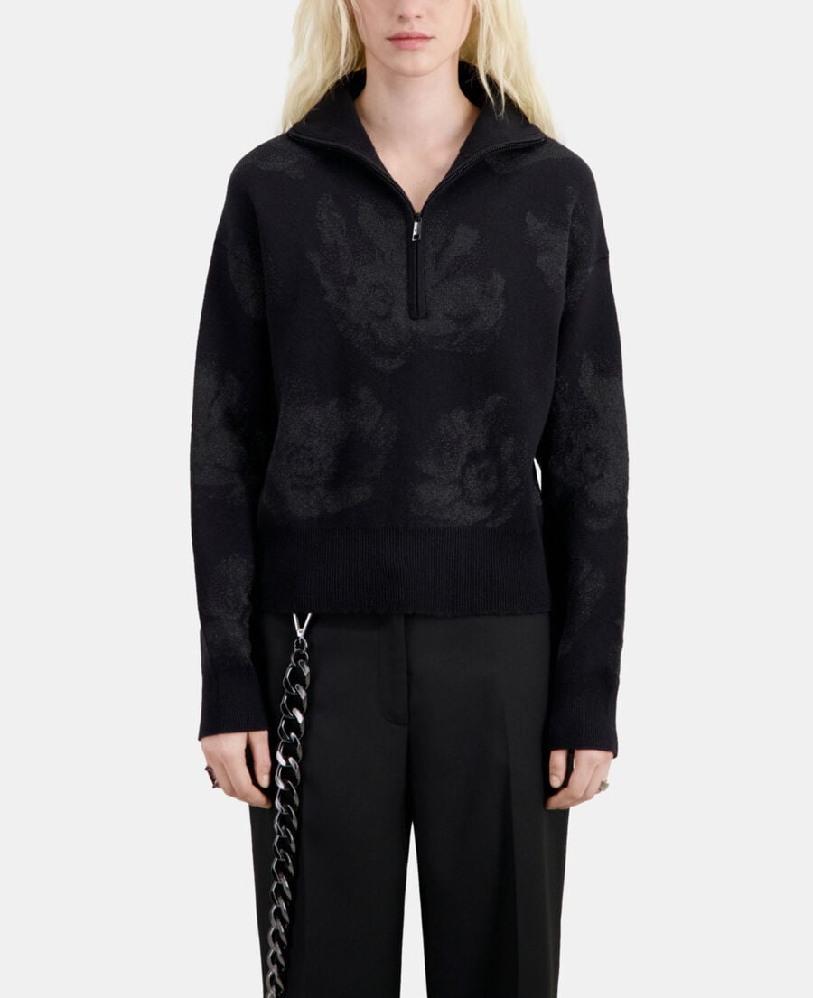 The Kooples FEMME BLACK/BLACK pull noir en laine mélangée avec motifs argenté