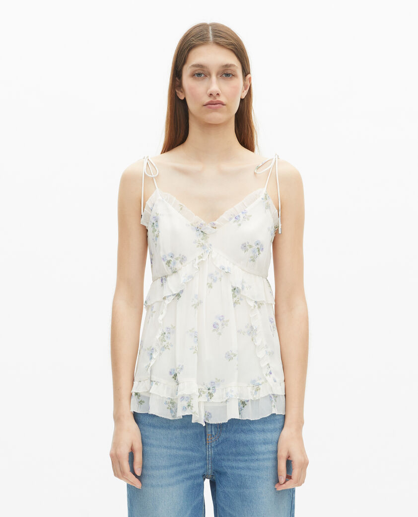 The Kooples FEMME WHITE / SKY BLUE top &agrave; volants imprim&eacute; fleuri blanc