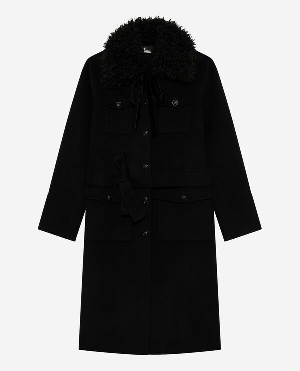 The Kooples WOMEN BLACK long double-faced coat with black sherpa collar