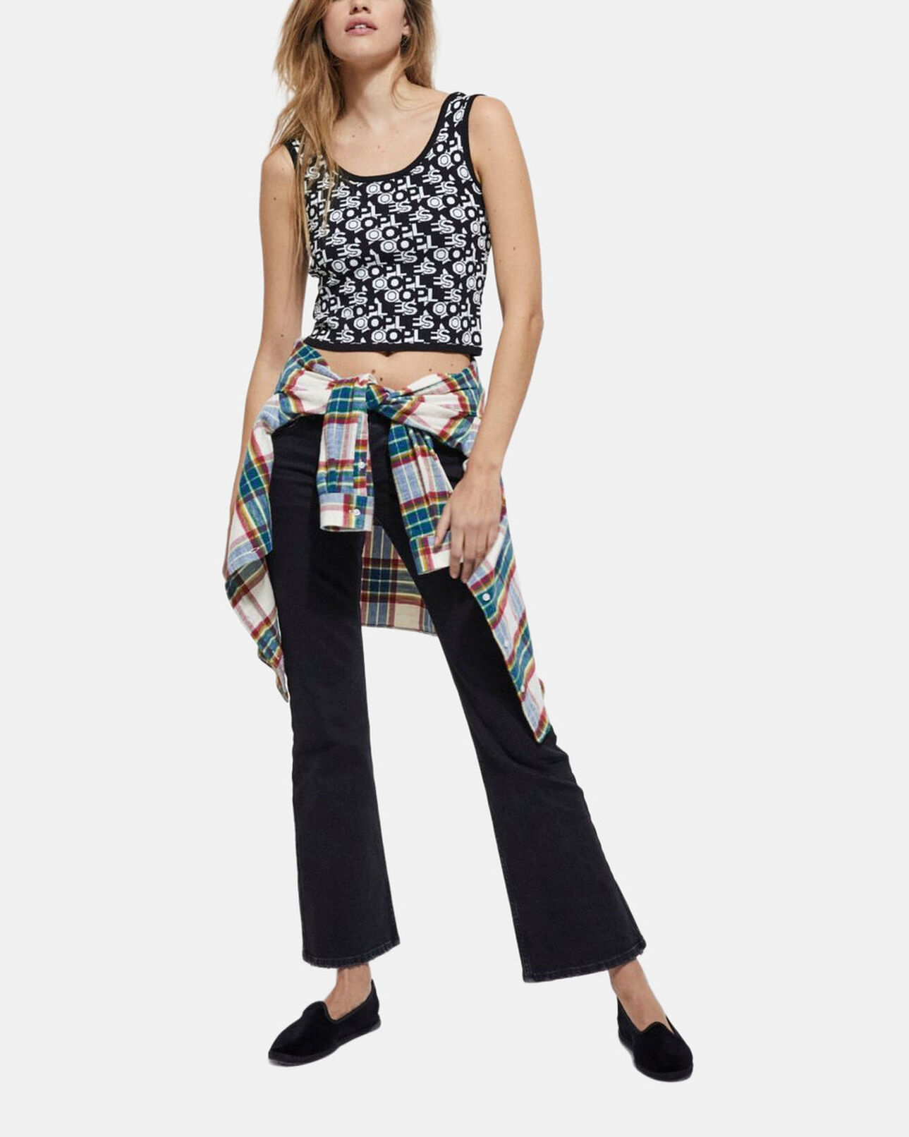 The Kooples WOMEN BLACK WHITE crop top with the kooples logo