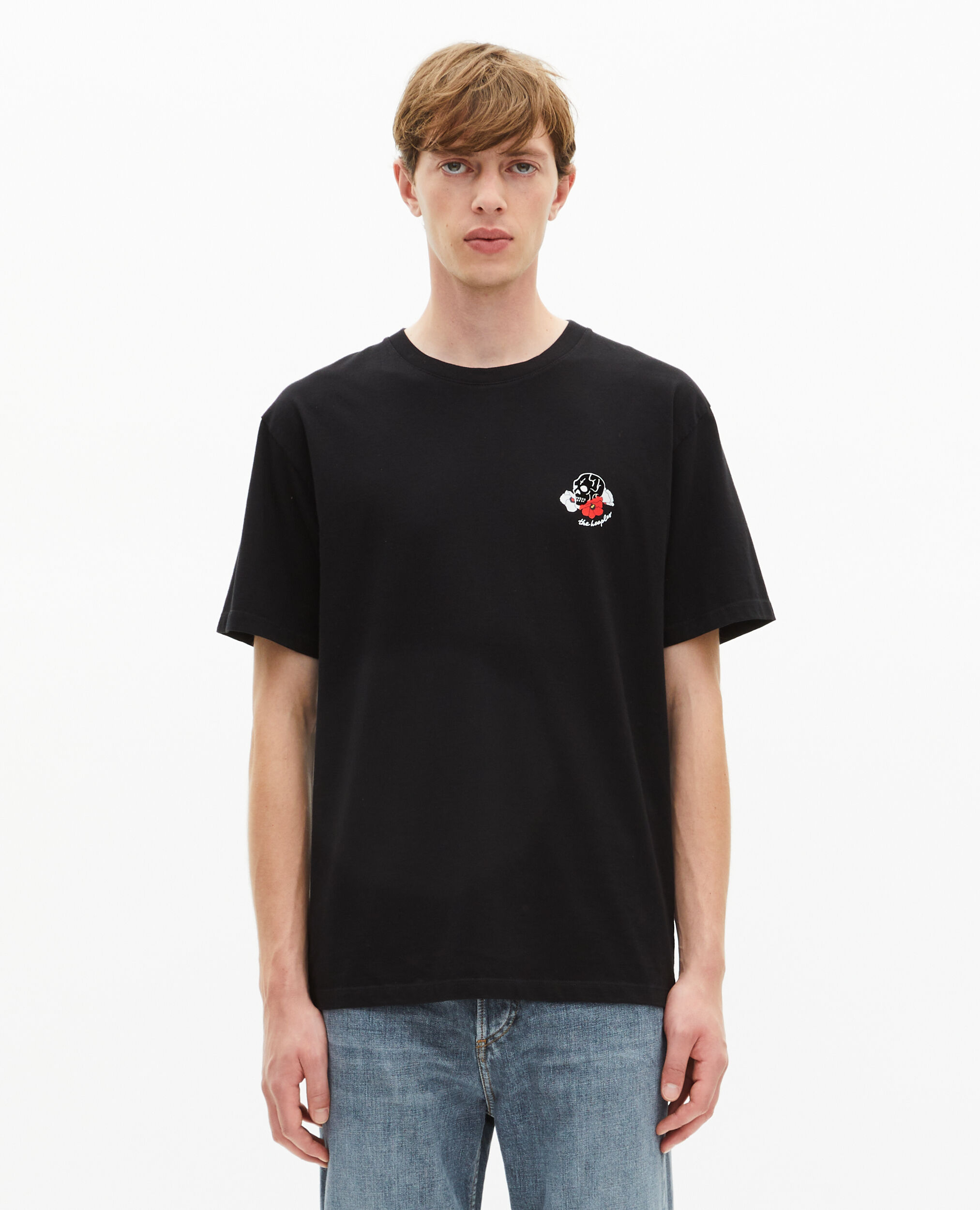 T-Shirt mit schwarzer Totenkopfbeflockung, BLACK, hi-res image number null