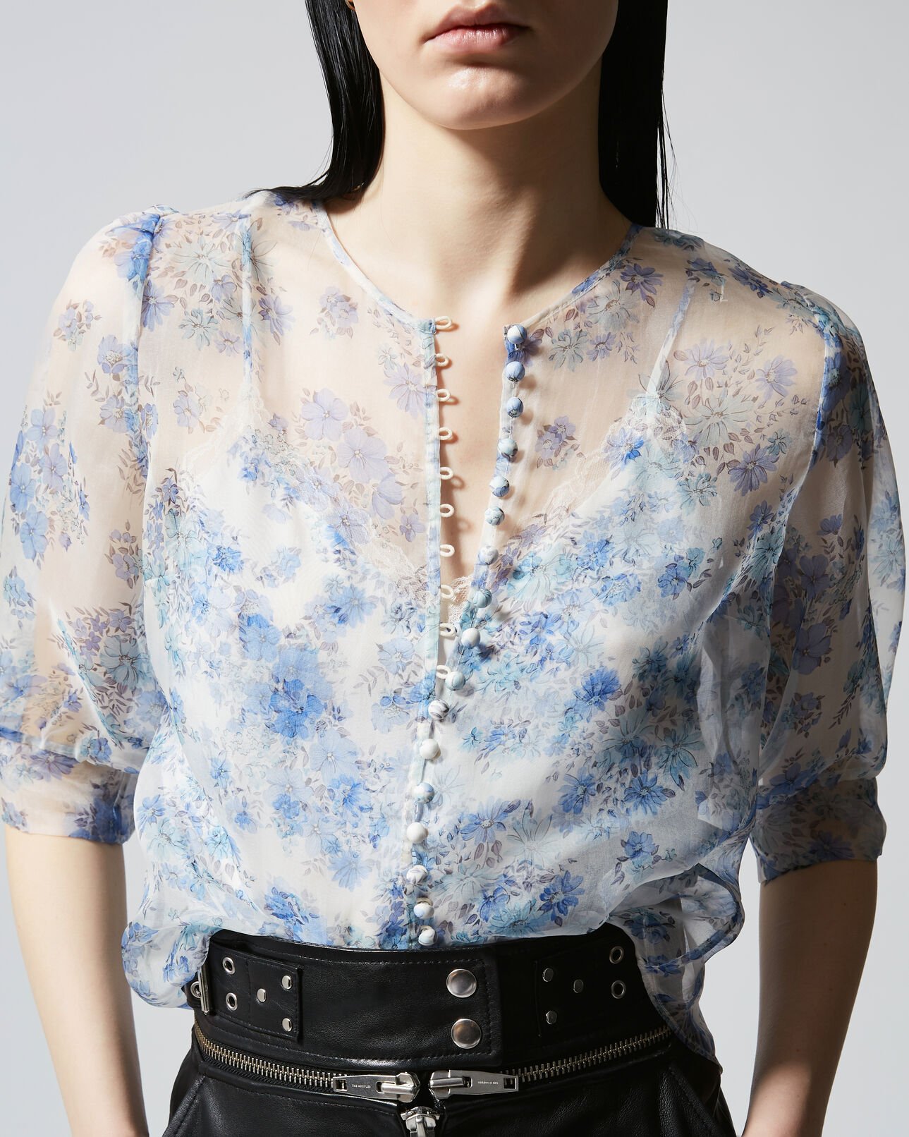 The Kooples WOMEN LIGHT BLUE see-through fitted floral top with buttons
