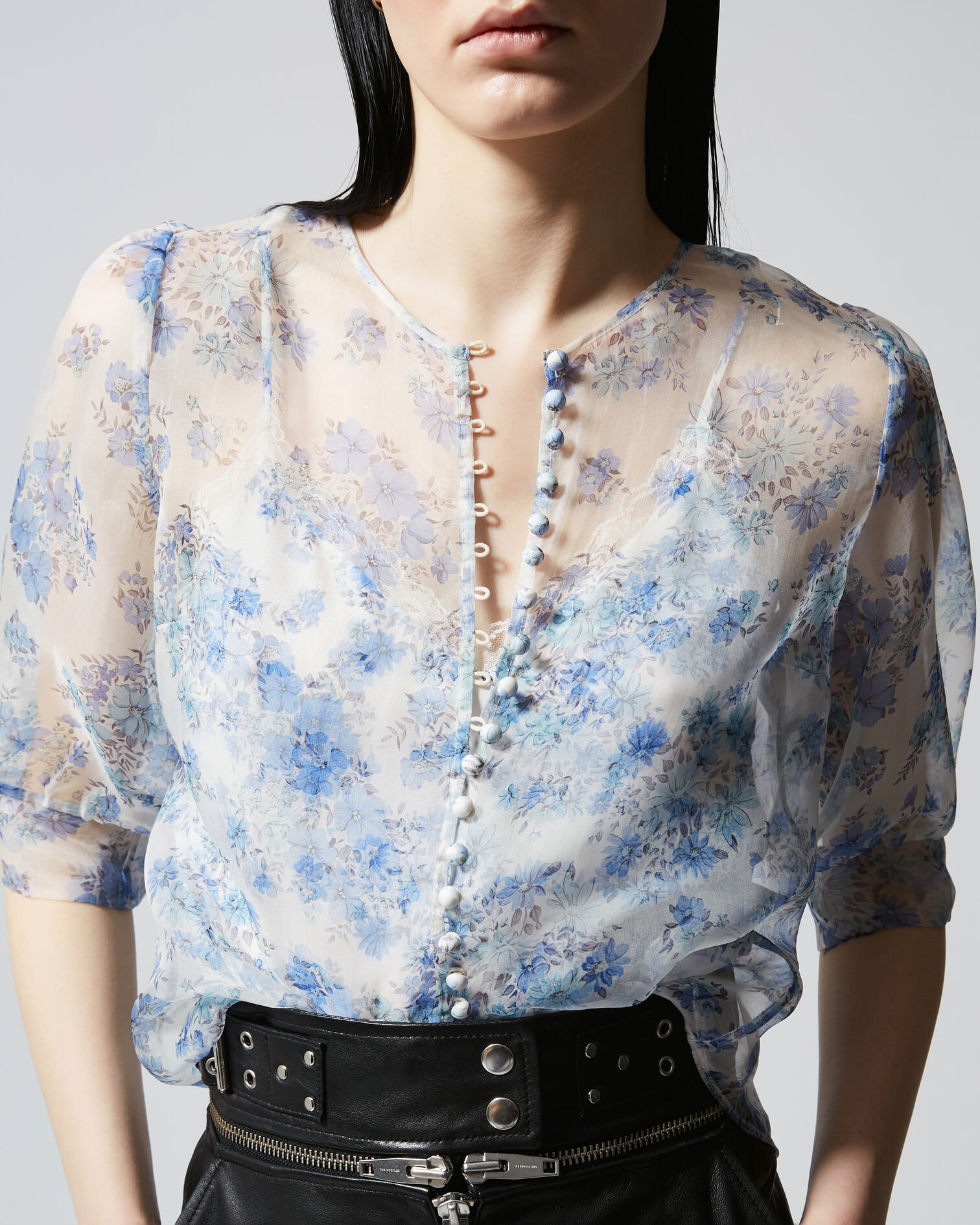 See-through fitted floral top with buttons, LIGHT BLUE, hi-res image number null