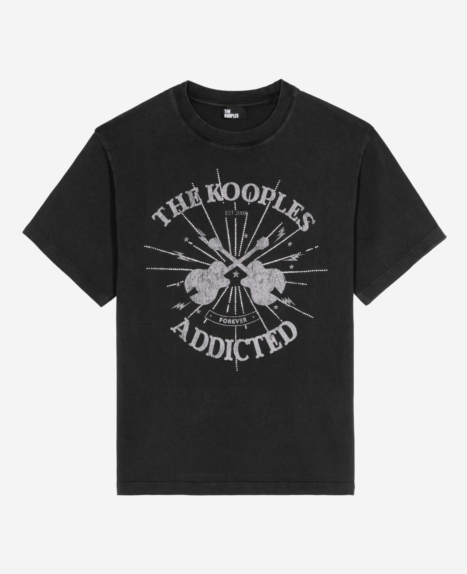 The Kooples WOMEN BLACK WASHED faded black screen print t-shirt with rhinestones