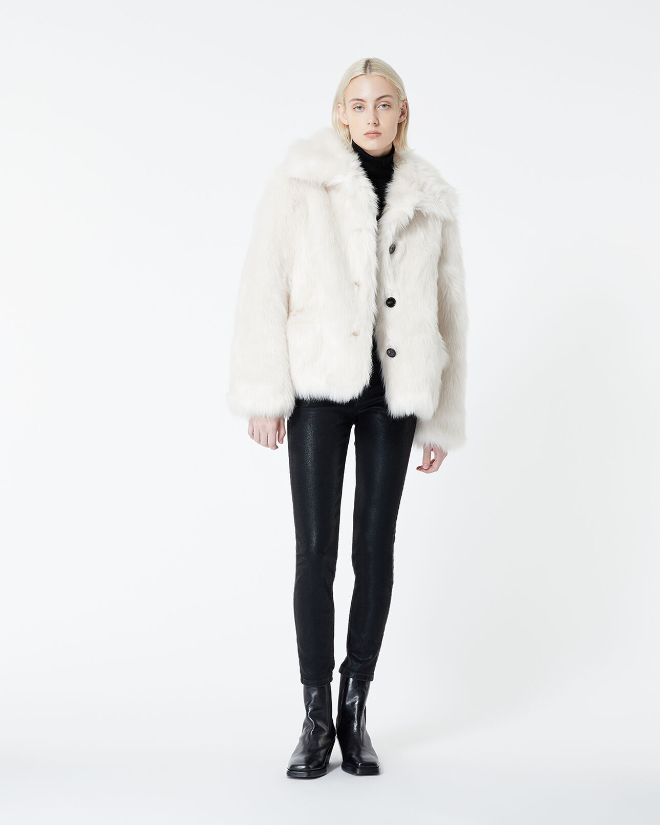 The Kooples DAMEN ECRU ecrufarbener geknöpfter kunstpelzmantel