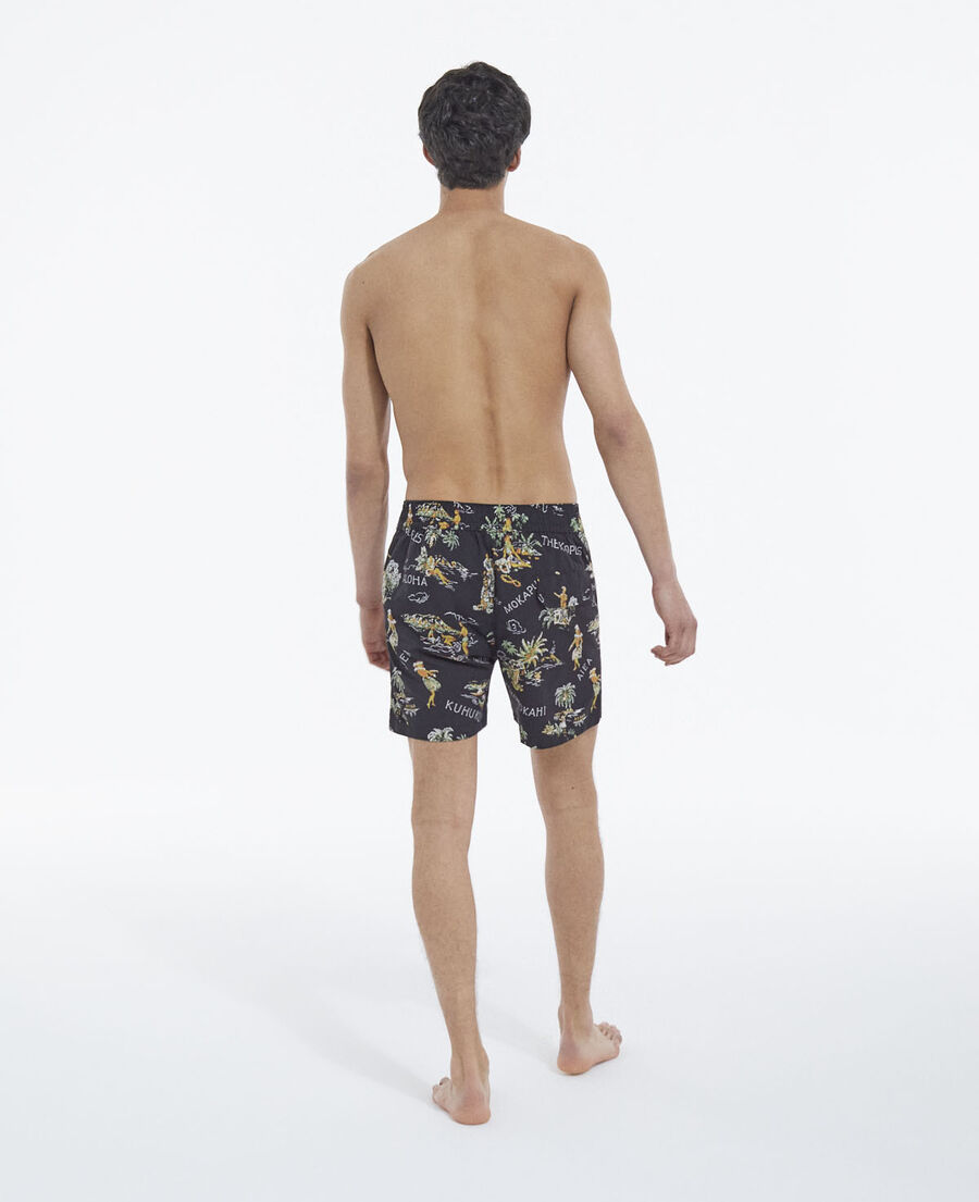 black swim shorts with hawaiian print