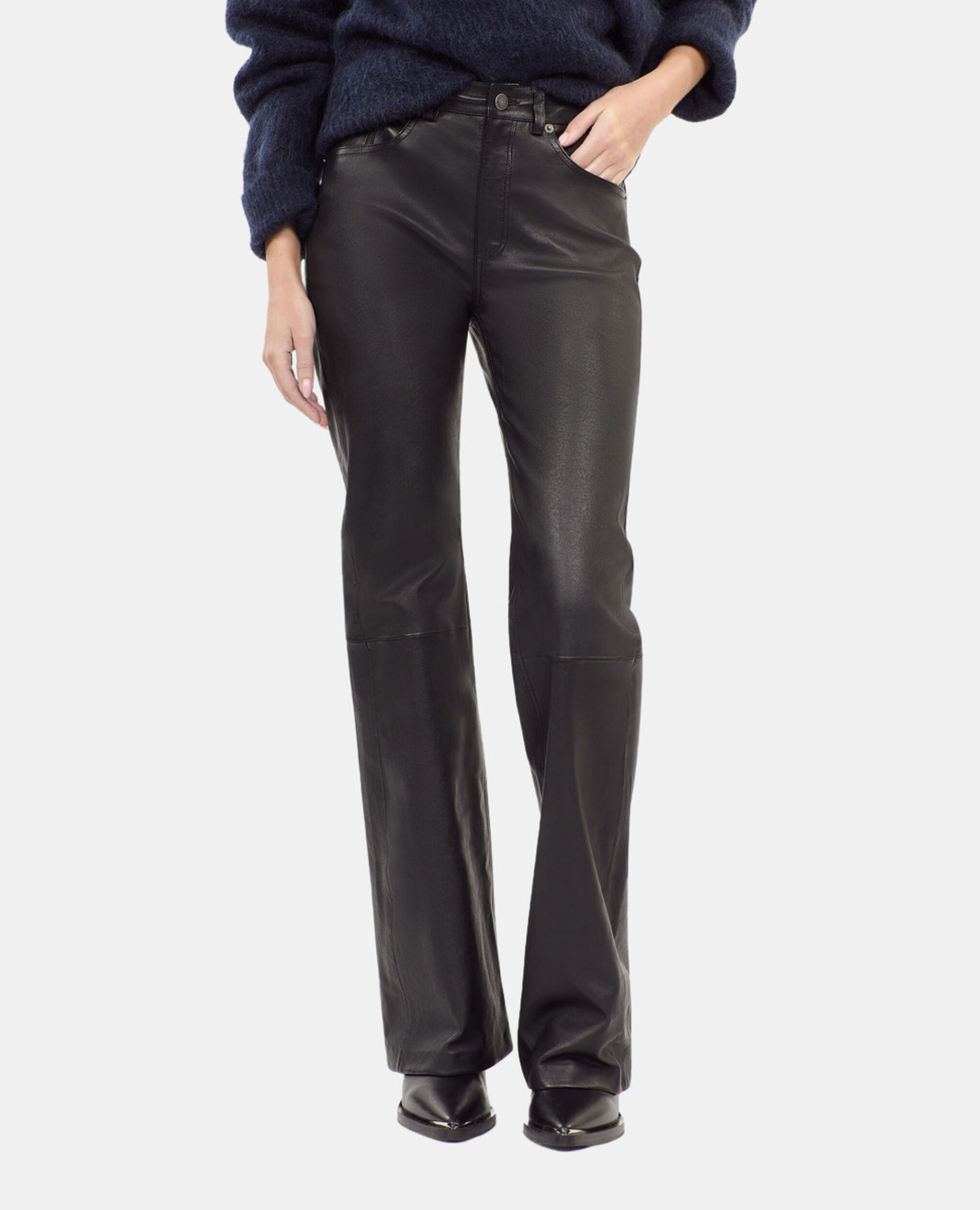 Ausgestellte, schwarze Hose aus Leder, BLACK, hi-res image number null