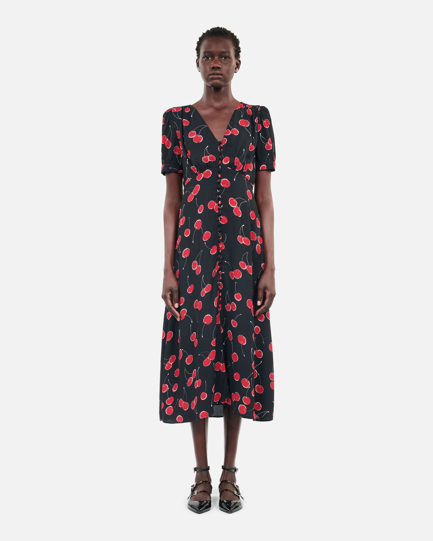 Printed long dress with buttoning, BLACK - RED, hi-res image number null