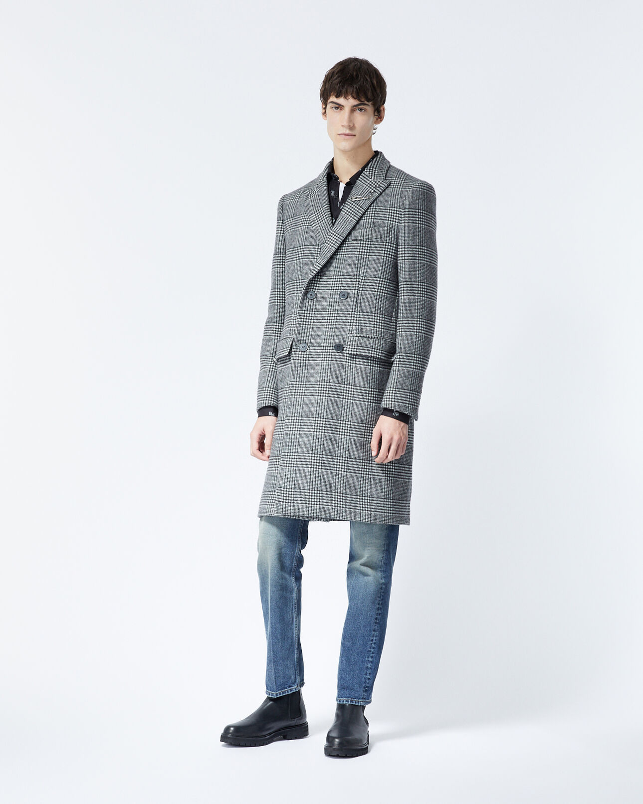 The Kooples HOMME BLACK WHITE manteau noir et blanc laine imprimée