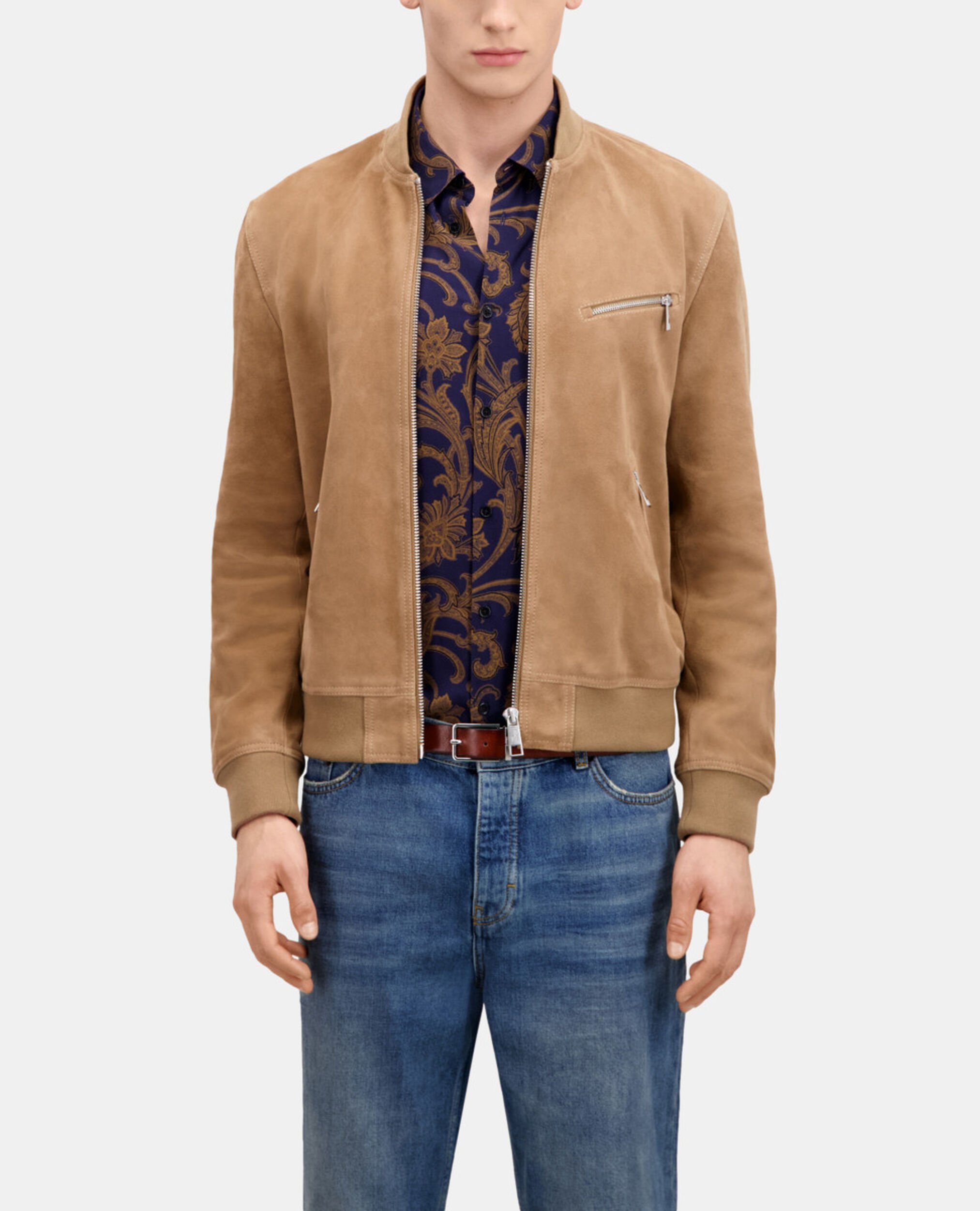 Blouson avec zip en cuir suède beige, BEIGE, hi-res image number null