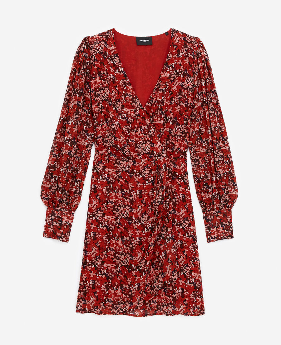 flowing red dress with floral motif