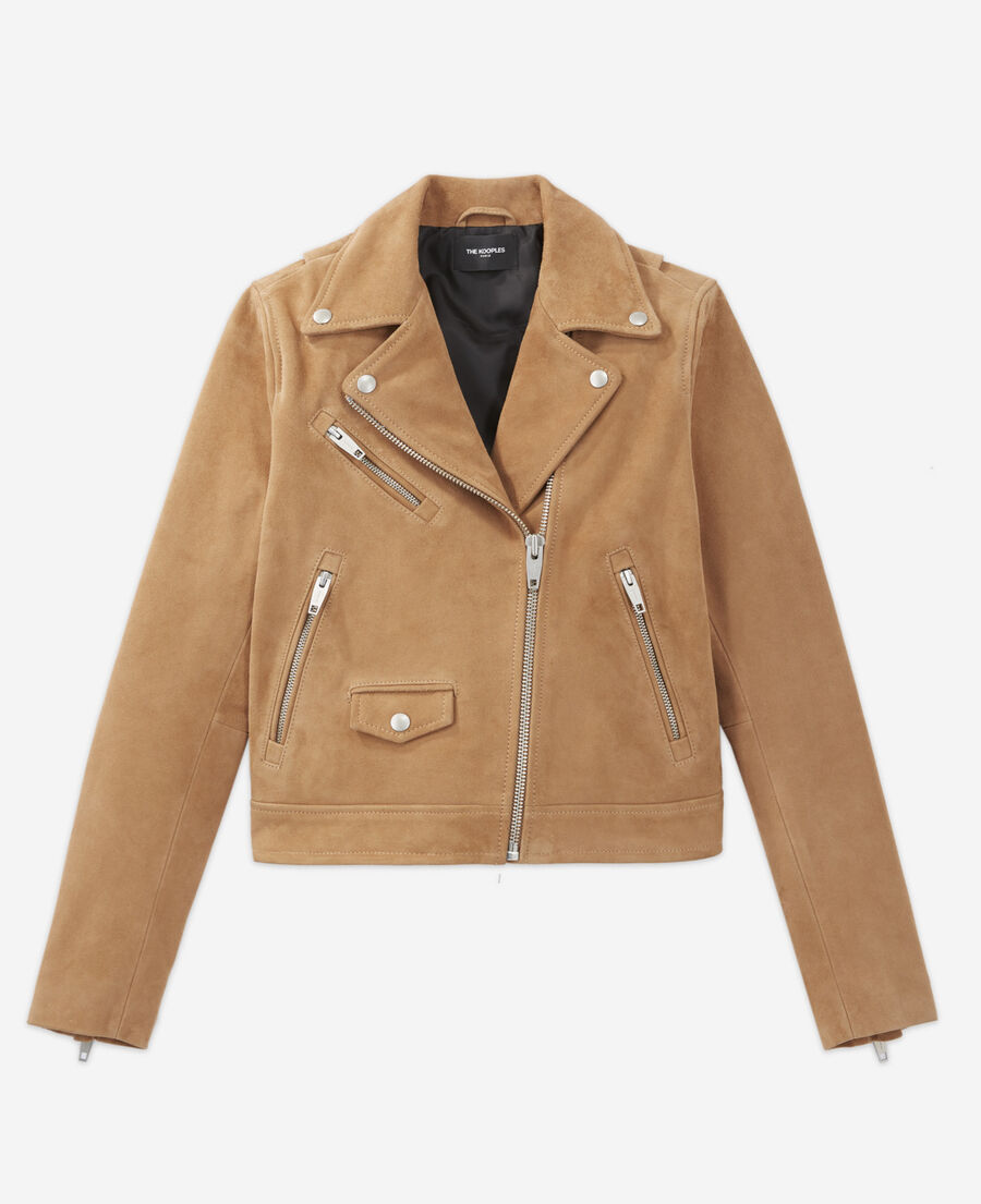 suede leather zipped camel biker jacket