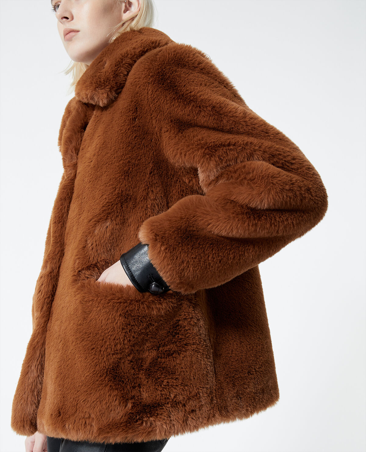 Brown faux fur coat with leather details The Kooples US