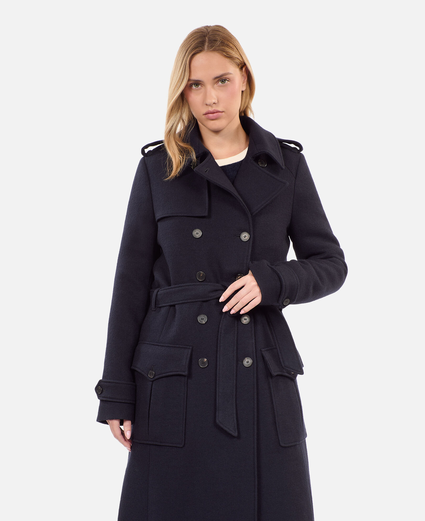 The Kooples WOMEN DARK NAVY long navy blue trench style coat