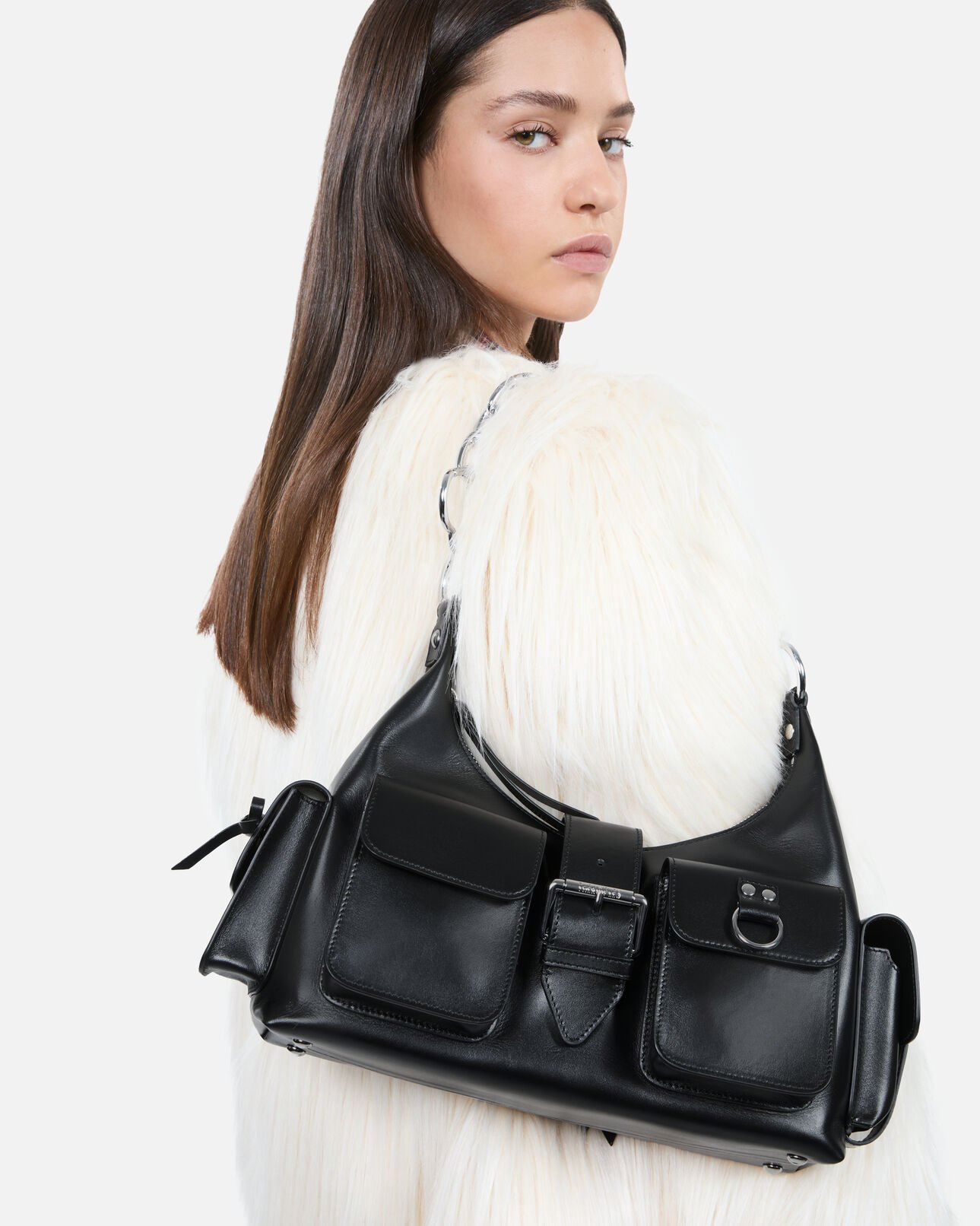 The Kooples WOMEN BLACK amelia bag with chain in black smooth leather