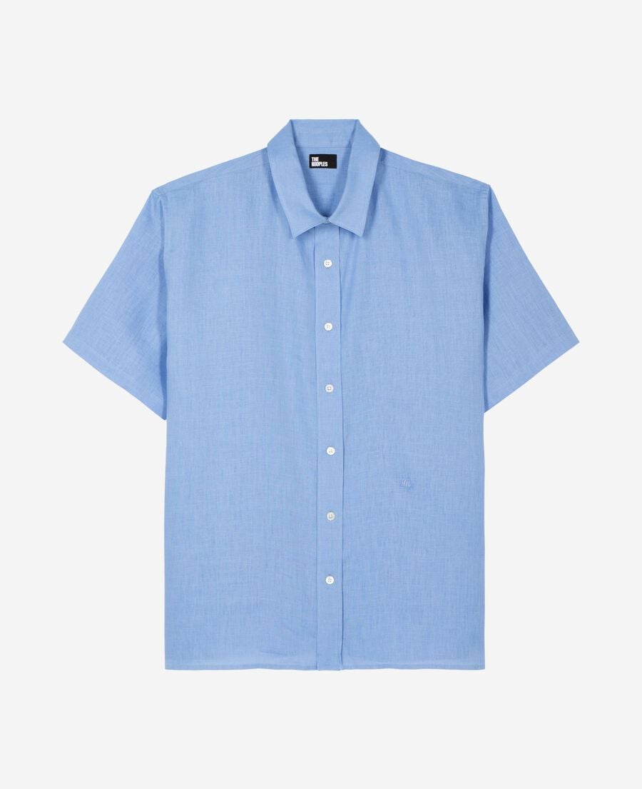 The Kooples MEN BLUE short-sleeved blue linen shirt