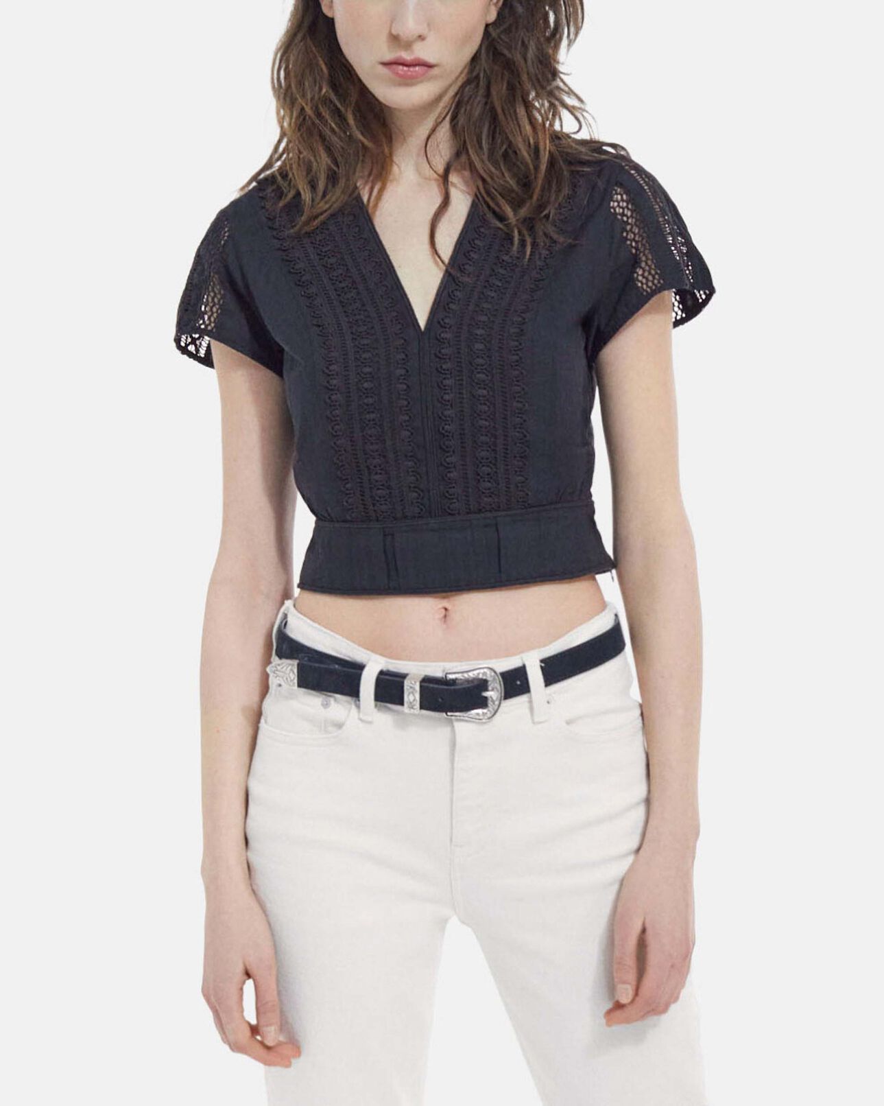 The Kooples FEMME BLACK top ajusté noir coton manches courtes