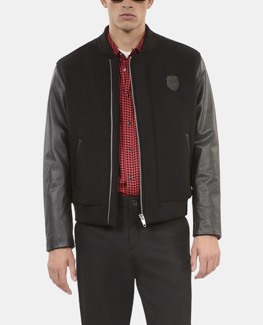 The Kooples HOMME BLACK blouson en laine double face et cuir noir