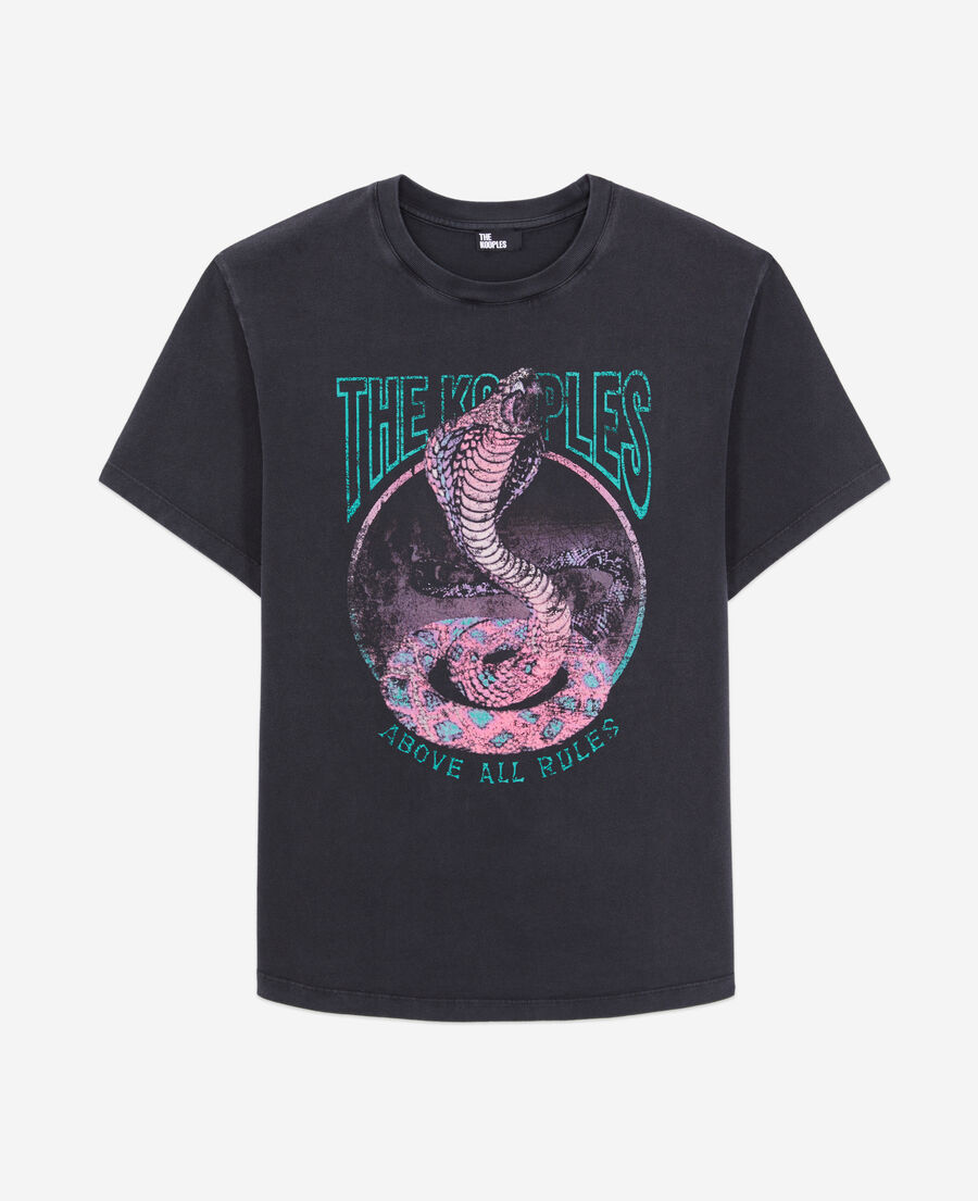 The Kooples WOMEN BLACK / PINK women's black t-shirt with cobra serigraphy