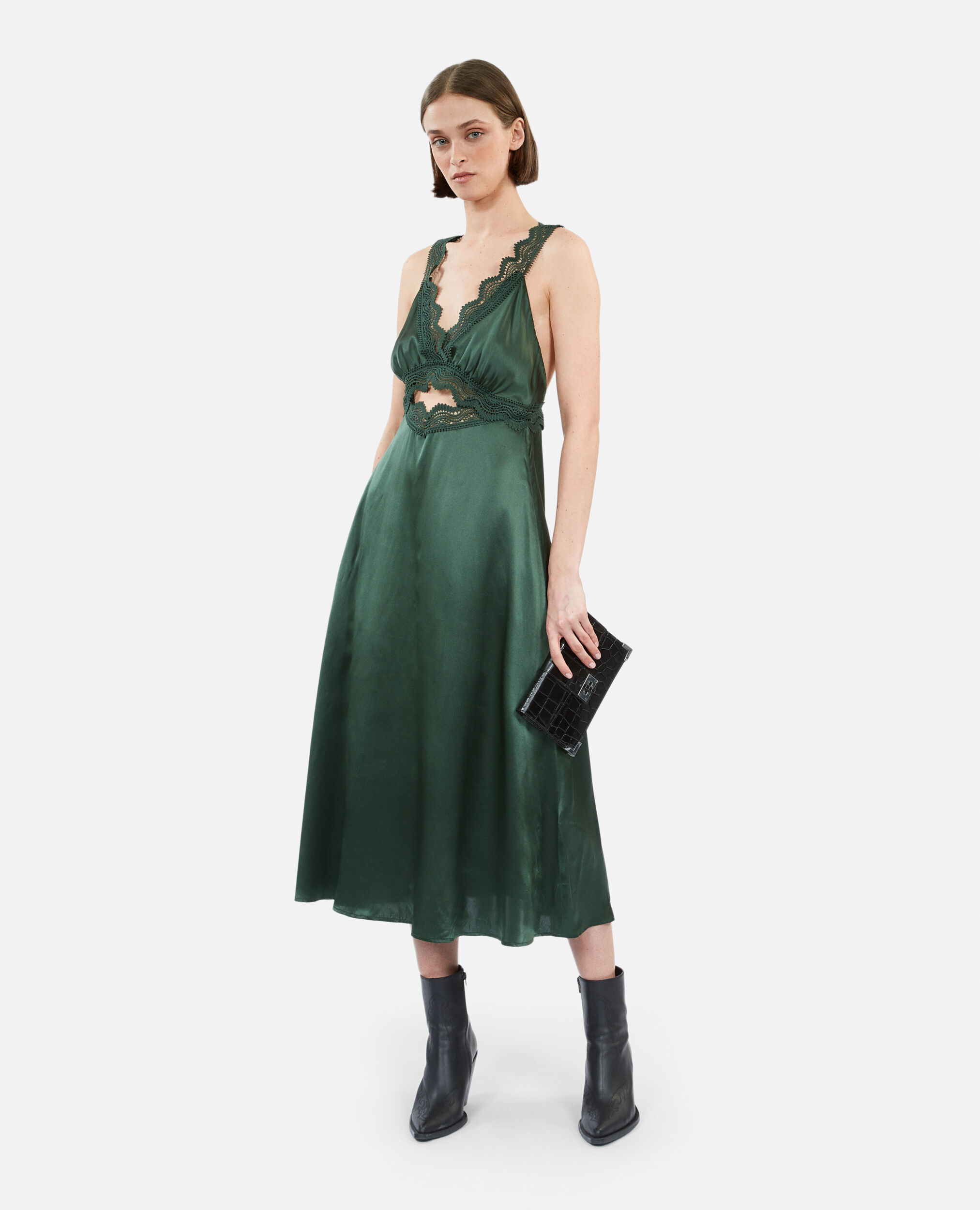 Long green slip dress with guipure, WOOD KAKI, hi-res image number null