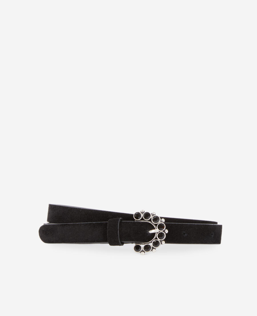 더 쿠플스 The Kooples Ceinture en cuir noir avec boucle A strass,BLACK