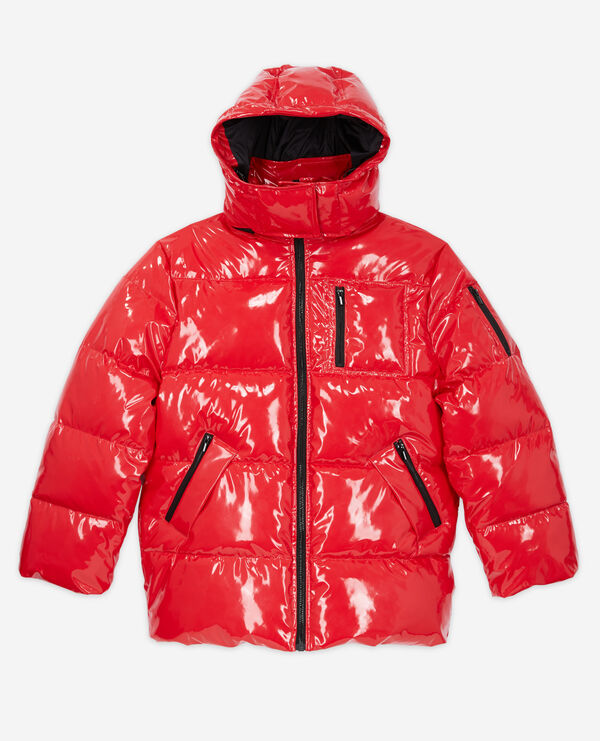red oversized vinyl down jacket with straps and logo