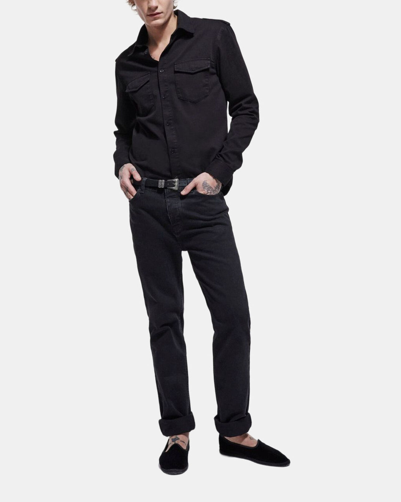 The Kooples HERREN STONE GREY schwarzes jeanshemd mit klassischer kragen