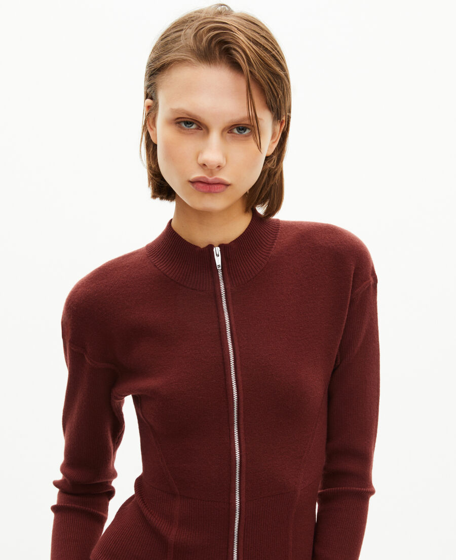 The Kooples DAMEN RED BRIQUE strickjacke mit rei&szlig;verschluss aus bordeauxroter mischwolle
