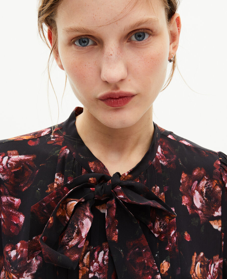 The Kooples FEMME BLACK - RED robe courte imprim&eacute; fleuri en soie m&eacute;lang&eacute;e bordeaux