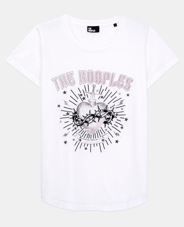 women's white t-shirt with dagger through heart serigraphy