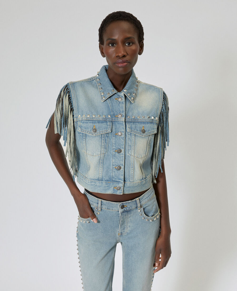 The Kooples FEMME BABY BLUE blouson en denim avec franges et studs bleu