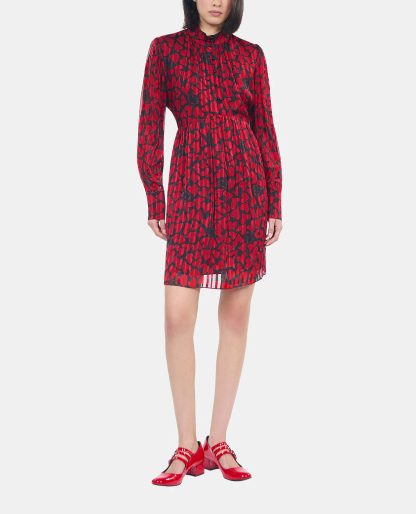 The Kooples FEMME BLACK - RED robe courte pliss&eacute;e imprim&eacute; c&oelig;urs