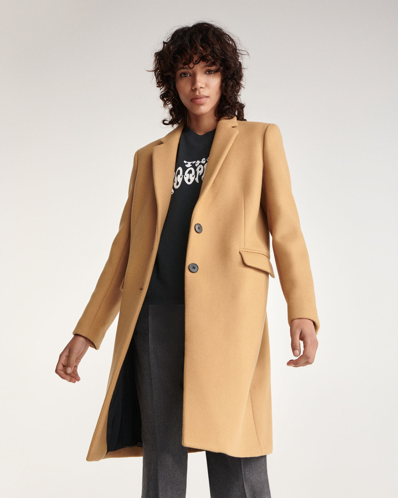 The Kooples WOMEN CAMEL fitted camel wool coat with leather detail