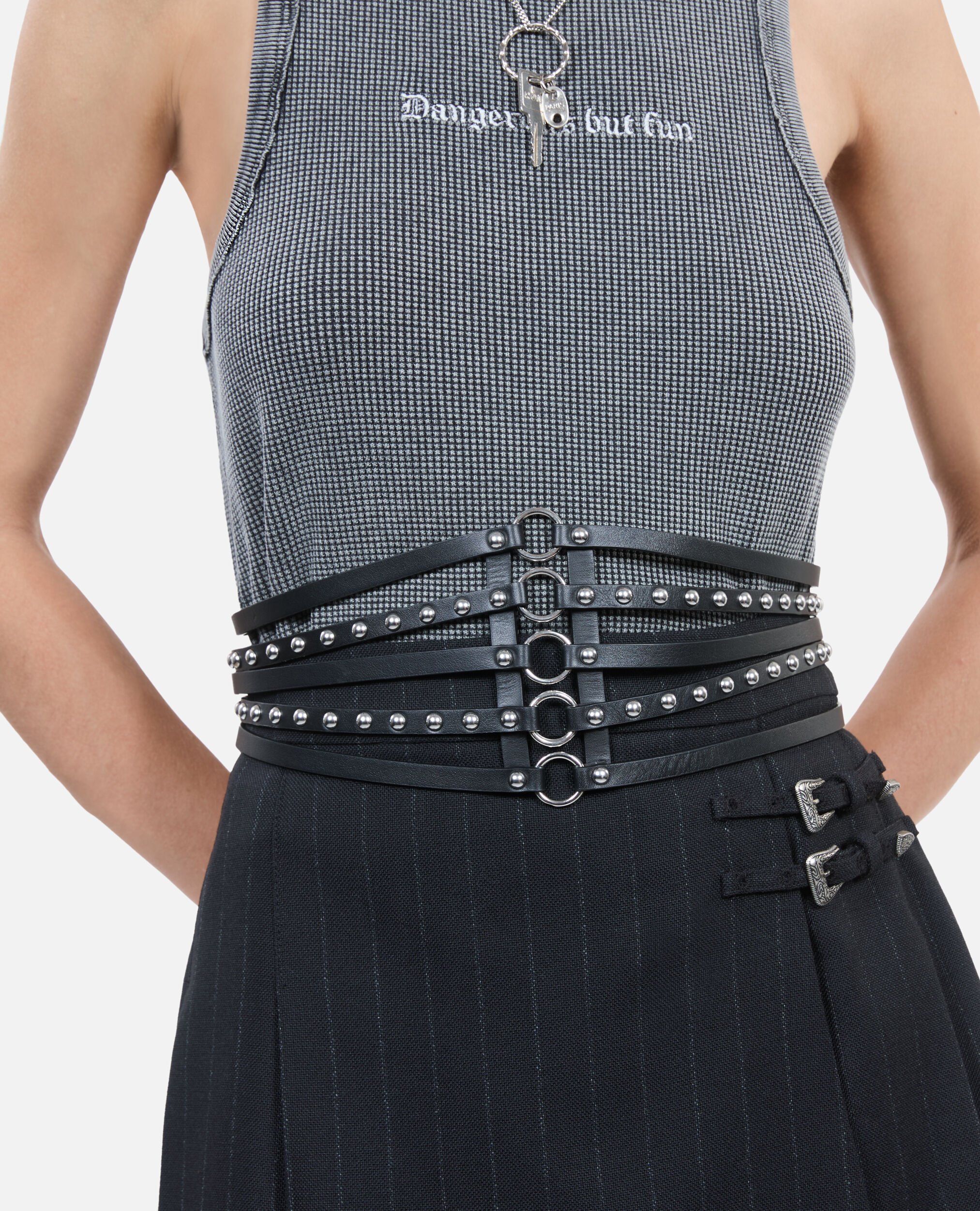 黒　S bold belt tops Black leather corset belt with studs | The Kooples US