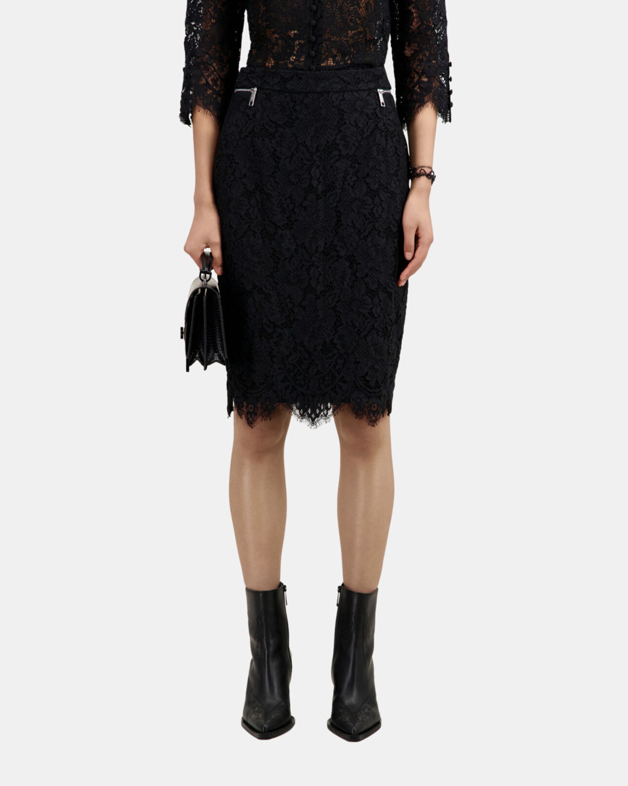 The Kooples WOMEN BLACK black lace mid-length pencil skirt