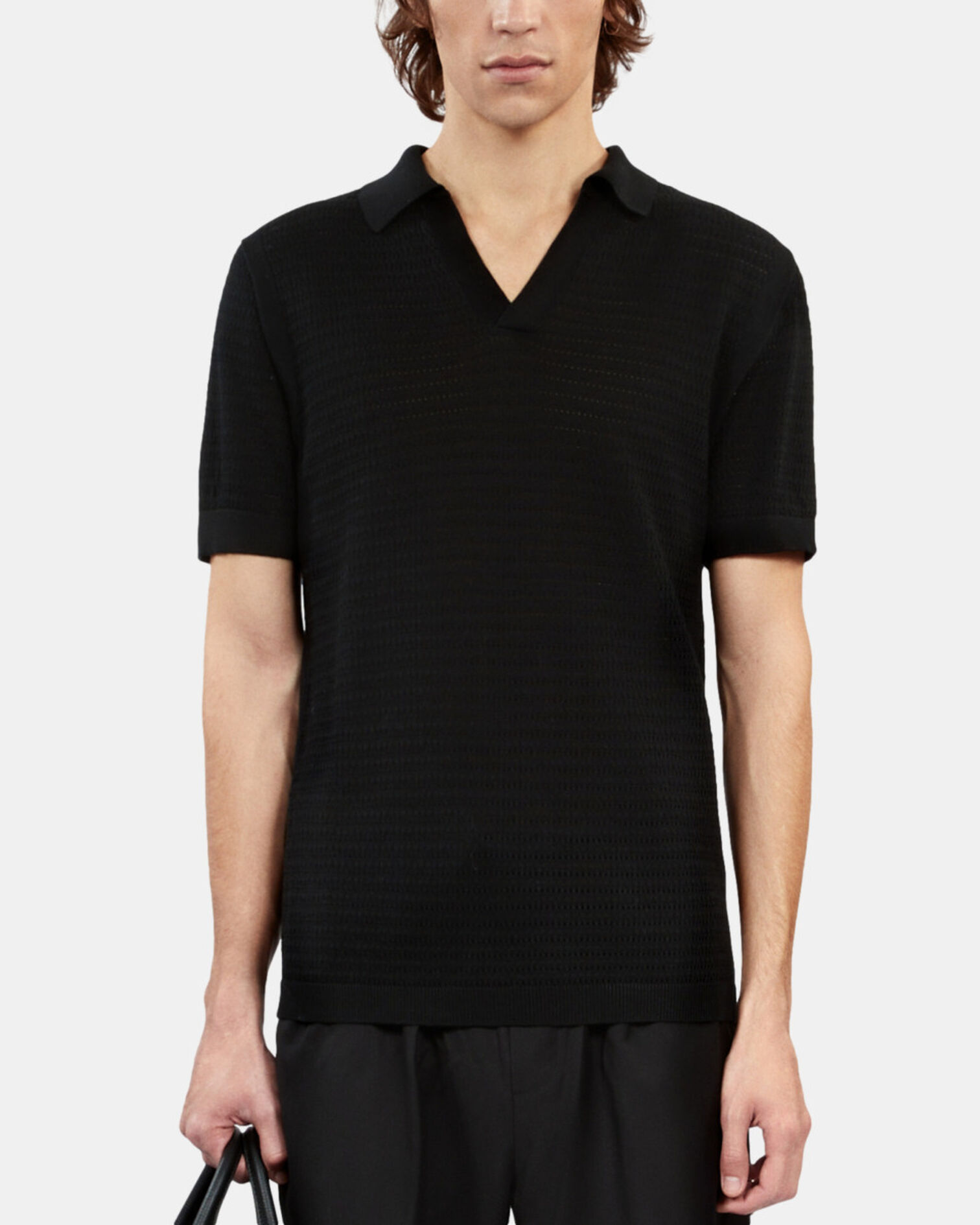 Black openwork knit polo t-shirt, BLACK, hi-res image number null