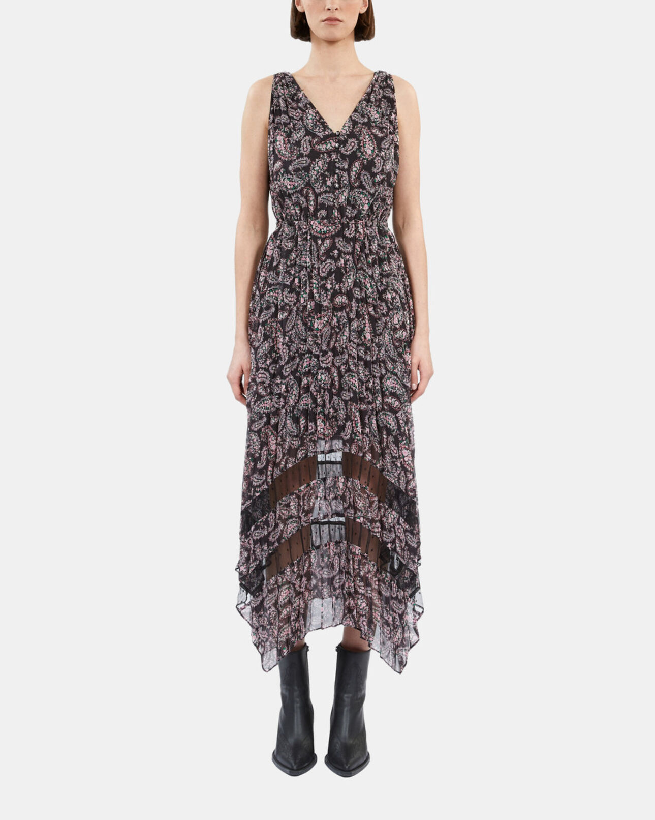 The Kooples FEMME BLACK / PINK robe longue plissée imprimée