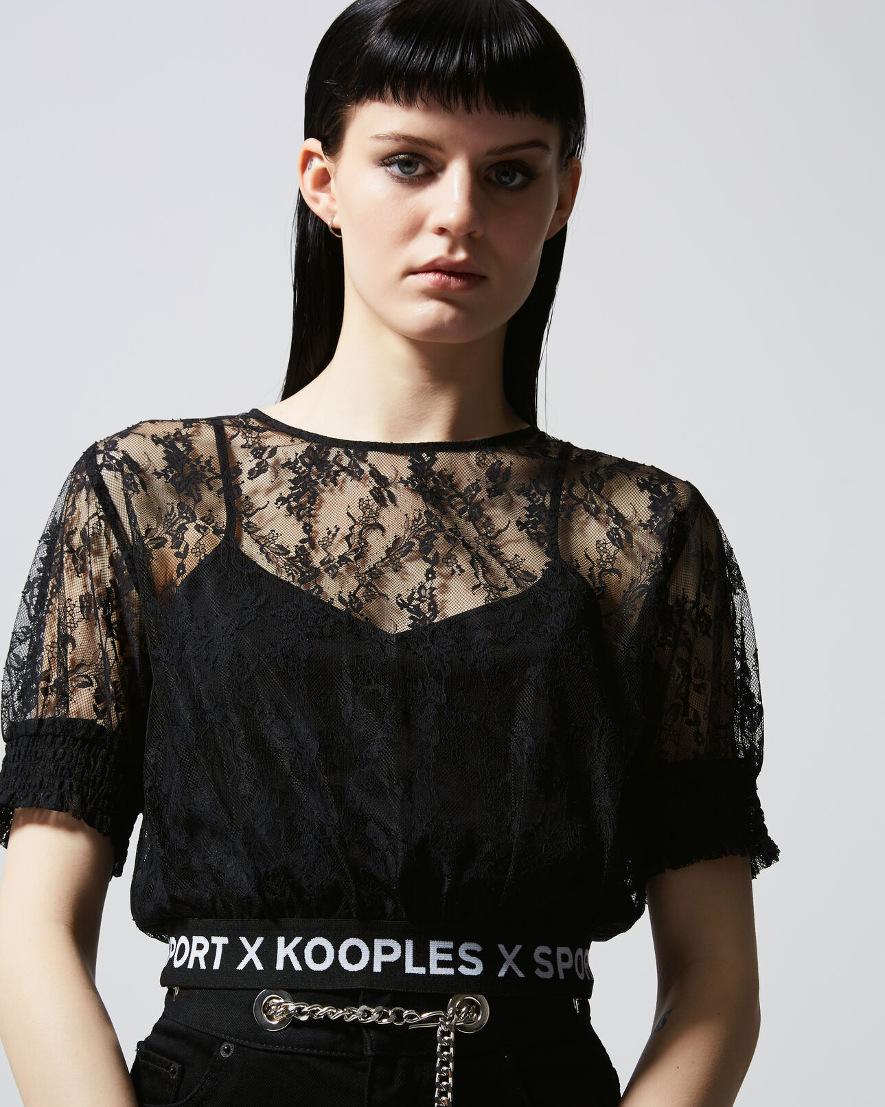 The Kooples WOMEN BLACK black lace top with the kooples logo band