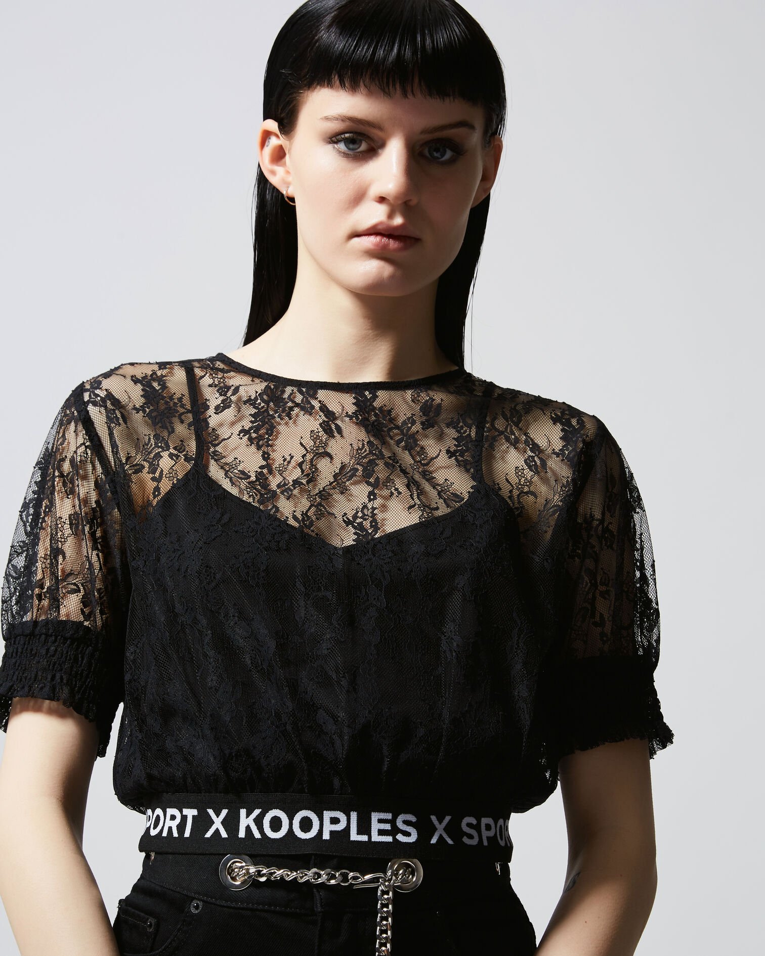 Black lace top with The Kooples logo band, BLACK, hi-res image number null